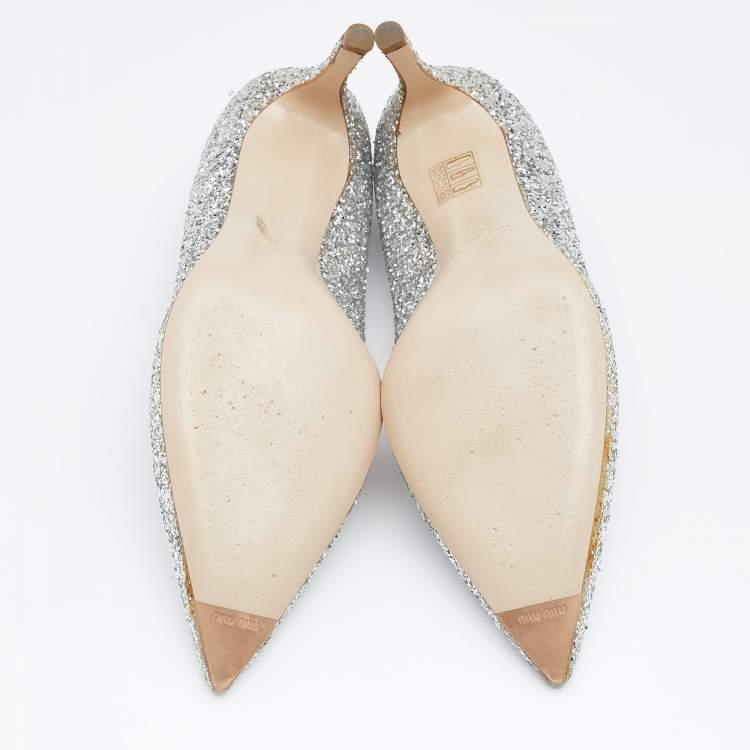 Pre Owned Miu Miu Silver Coarse Glitter Pumps Size 37