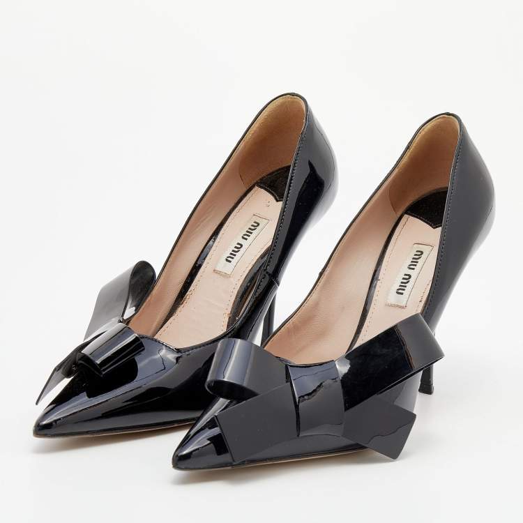 Pre Owned Miu Miu Black Patent Leather Bow Pointed Toe Pumps Size 37