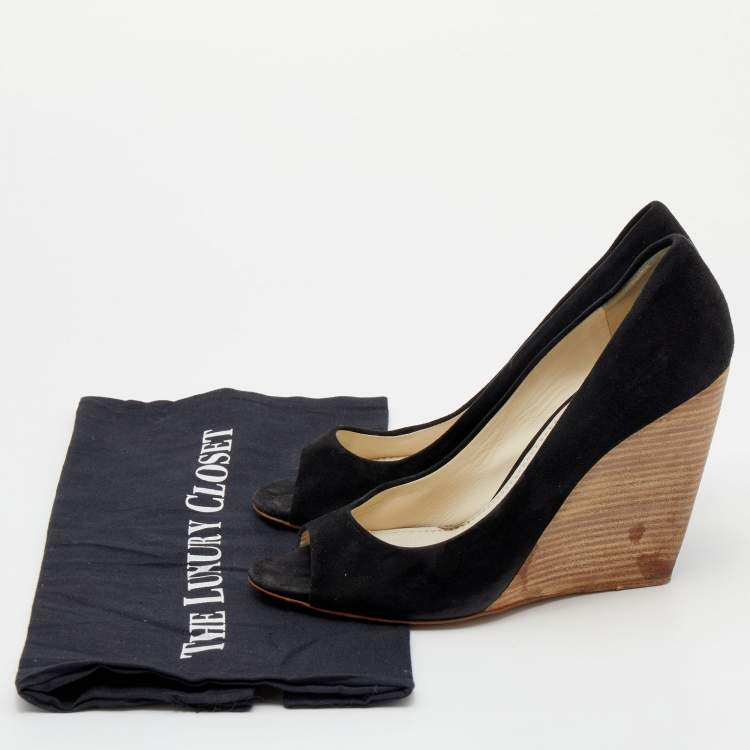 Pre Owned Miu Miu Black Suede Peep Toe Wedge Pumps Size 39