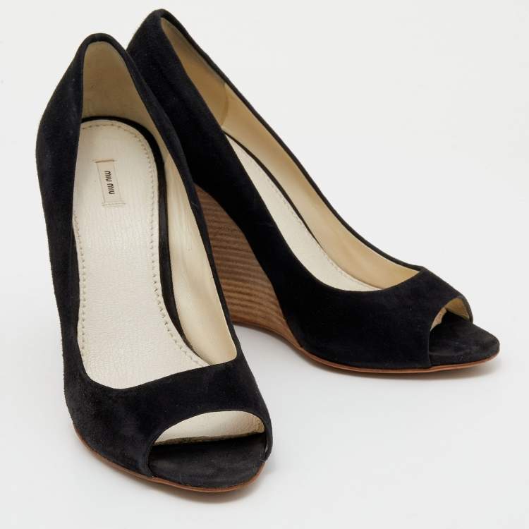 Pre Owned Miu Miu Black Suede Peep Toe Wedge Pumps Size 39
