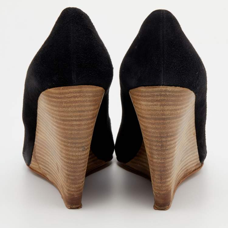 Pre Owned Miu Miu Black Suede Peep Toe Wedge Pumps Size 39