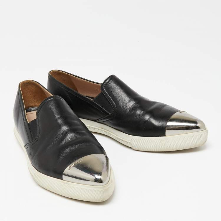 Pre Owned Miu Miu Black Leather Metal Cap Toe Slip-On Sneakers Size 36