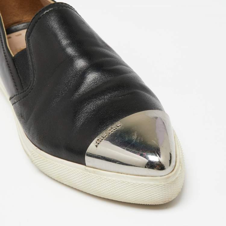 Pre Owned Miu Miu Black Leather Metal Cap Toe Slip-On Sneakers Size 36