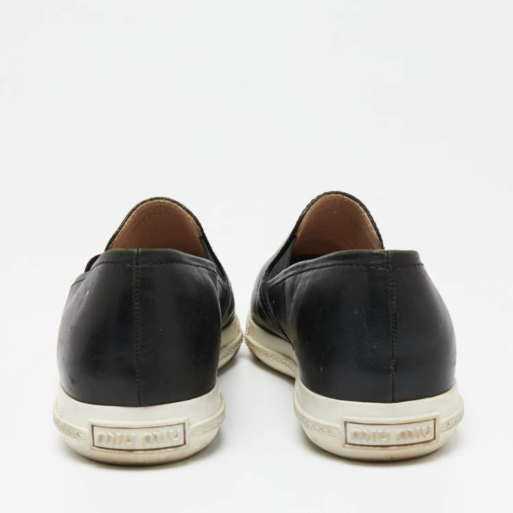 Pre Owned Miu Miu Black Leather Metal Cap Toe Slip-On Sneakers Size 36