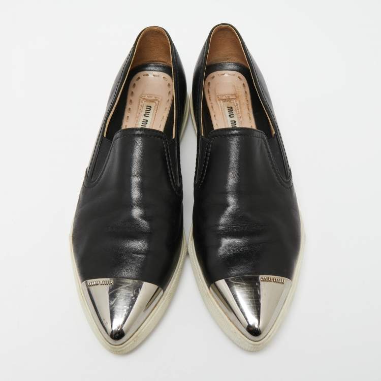 Pre Owned Miu Miu Black Leather Metal Cap Toe Slip-On Sneakers Size 36