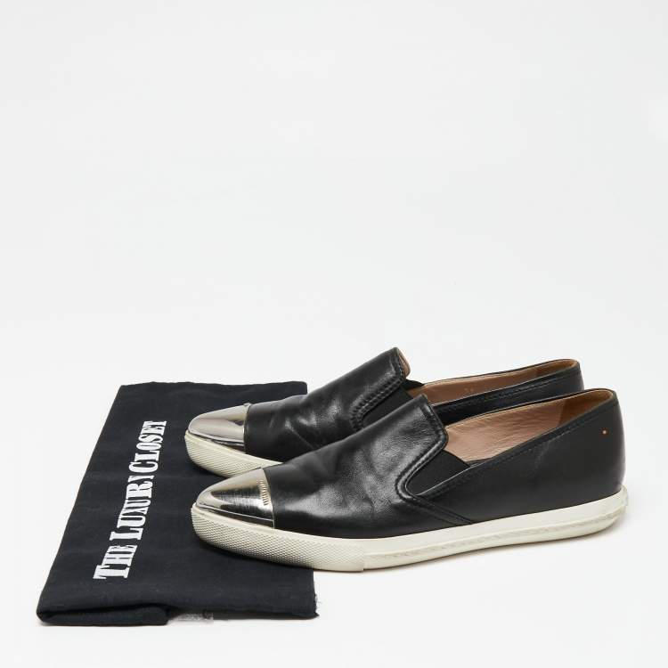 Pre Owned Miu Miu Black Leather Metal Cap Toe Slip-On Sneakers Size 36