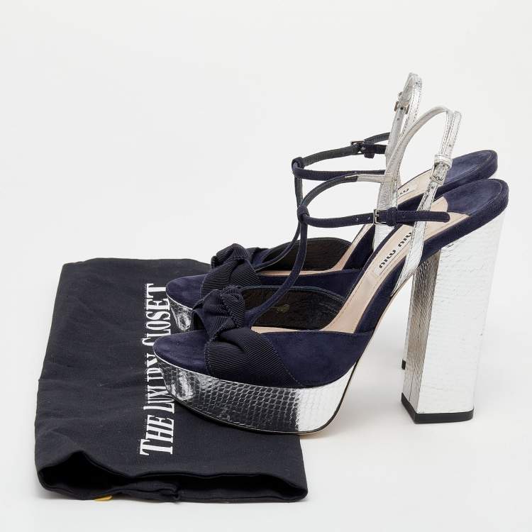 مملوكة مسبقًا Miu Miu Navy Blue/Silver Suede and Snakeskin Embossed Leather T-Strap Platform Sandals Size 37