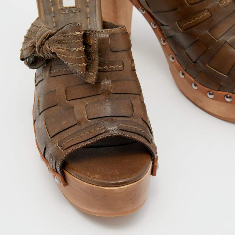 Pre Owned Miu Miu Olive Green Leather Bow Platform Slide Sandals Size 37