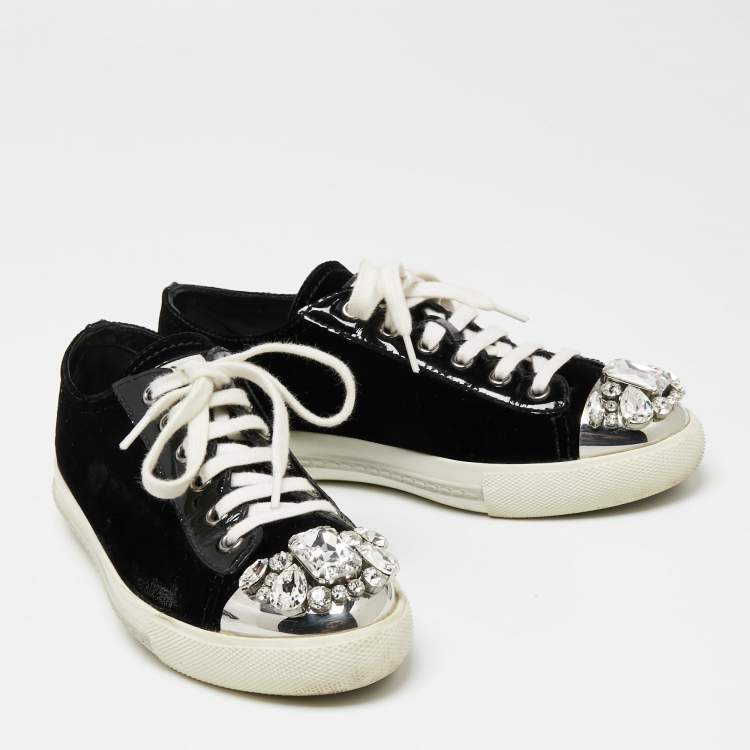 Pre Owned Miu Miu Black Patent Leather And Velvet Crystal Embellished Cap Toe Lace Up Sneakers Size 37