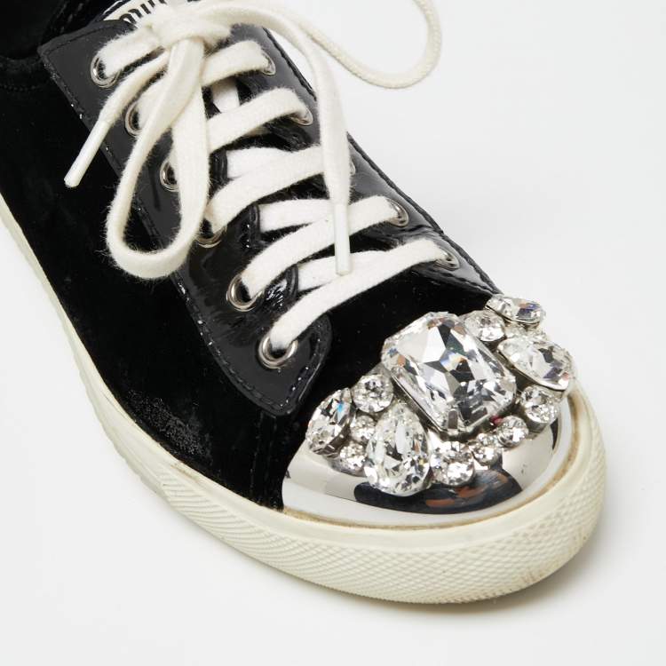 Pre Owned Miu Miu Black Patent Leather And Velvet Crystal Embellished Cap Toe Lace Up Sneakers Size 37