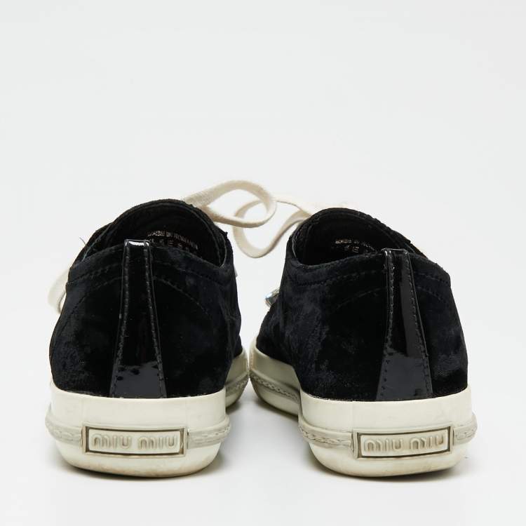 Pre Owned Miu Miu Black Patent Leather And Velvet Crystal Embellished Cap Toe Lace Up Sneakers Size 37