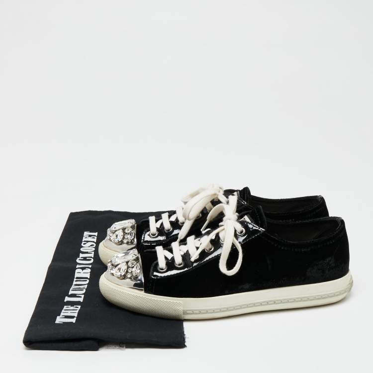 Pre Owned Miu Miu Black Patent Leather And Velvet Crystal Embellished Cap Toe Lace Up Sneakers Size 37