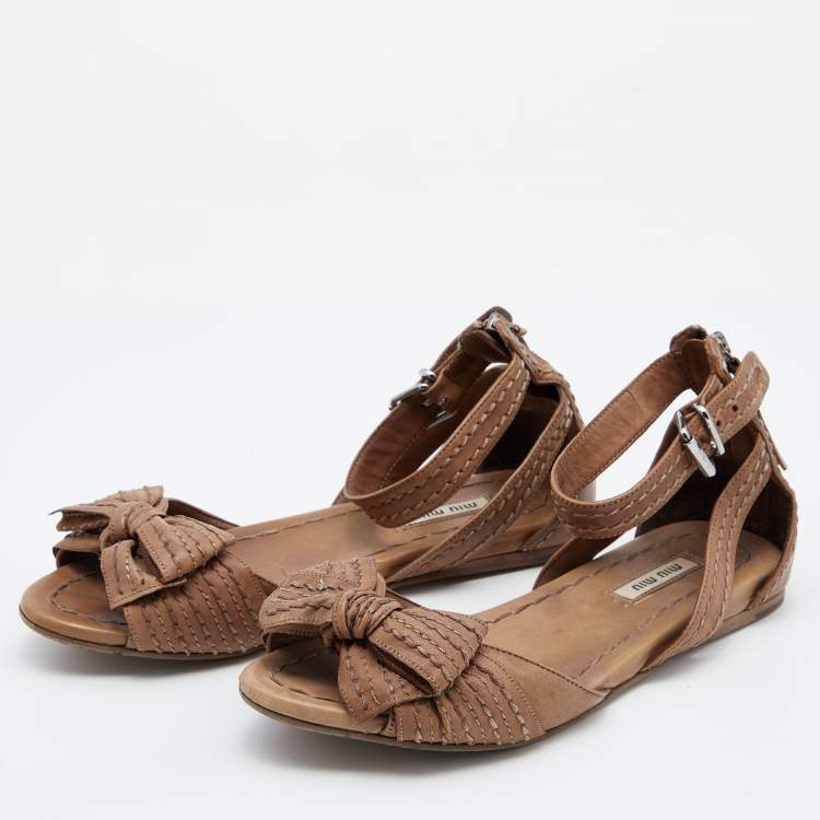 Pre Owned Miu Miu Brown Leather Bow Detail Ankle Strap Flat Sandals Size 38.5