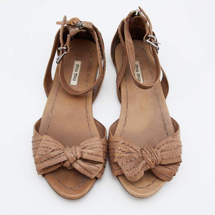 Pre Owned Miu Miu Brown Leather Bow Detail Ankle Strap Flat Sandals Size 38.5