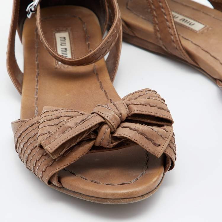 Pre Owned Miu Miu Brown Leather Bow Detail Ankle Strap Flat Sandals Size 38.5