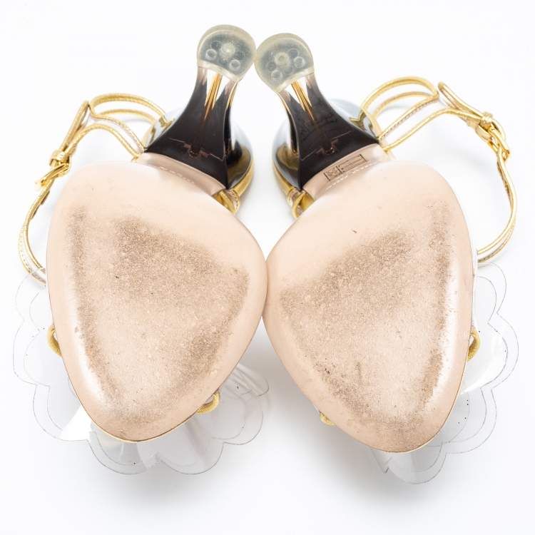 Pre Owned Miu Miu Gold Leather and PVC Flower Applique Ankle-Strap Sandals Size 36.5