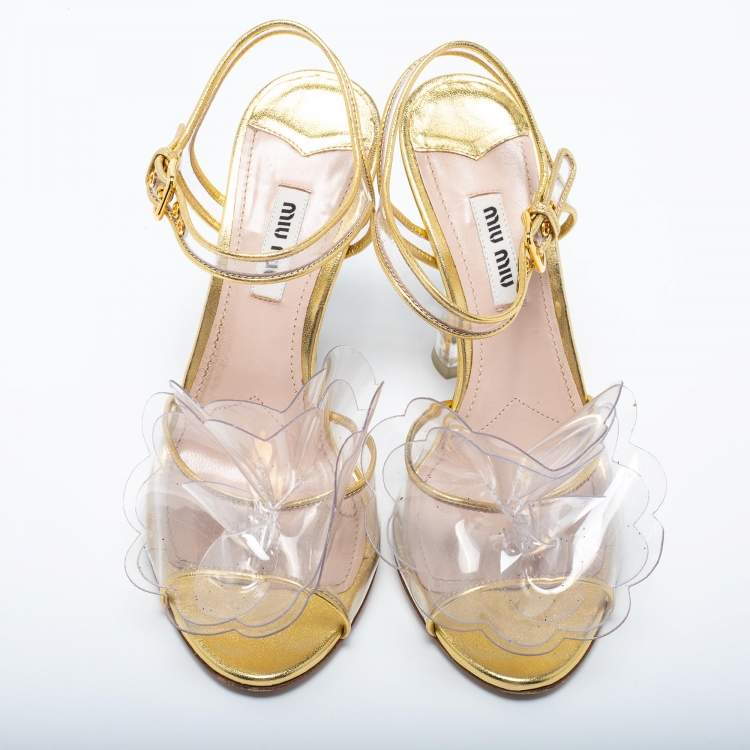Pre Owned Miu Miu Gold Leather and PVC Flower Applique Ankle-Strap Sandals Size 36.5