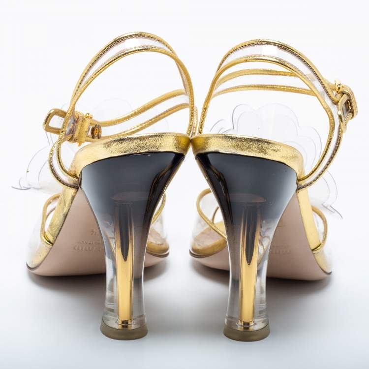 Pre Owned Miu Miu Gold Leather and PVC Flower Applique Ankle-Strap Sandals Size 36.5