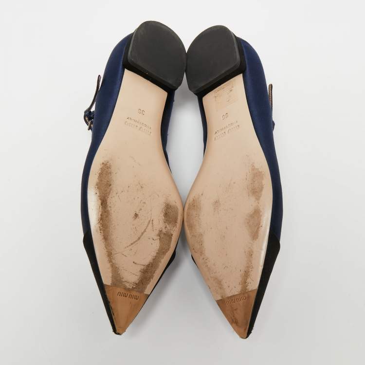 Pre Owned Miu Miu Navy Blue/Black Satin and Jewel Embellished PVC Mary Jane Ballet Flats Size 36