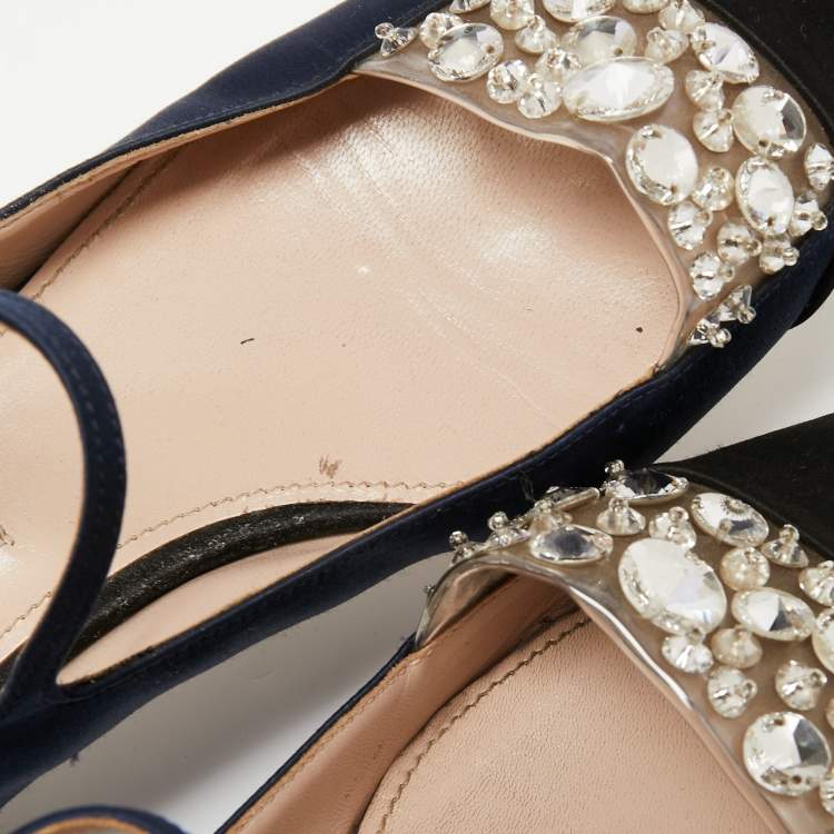 Pre Owned Miu Miu Navy Blue/Black Satin and Jewel Embellished PVC Mary Jane Ballet Flats Size 36