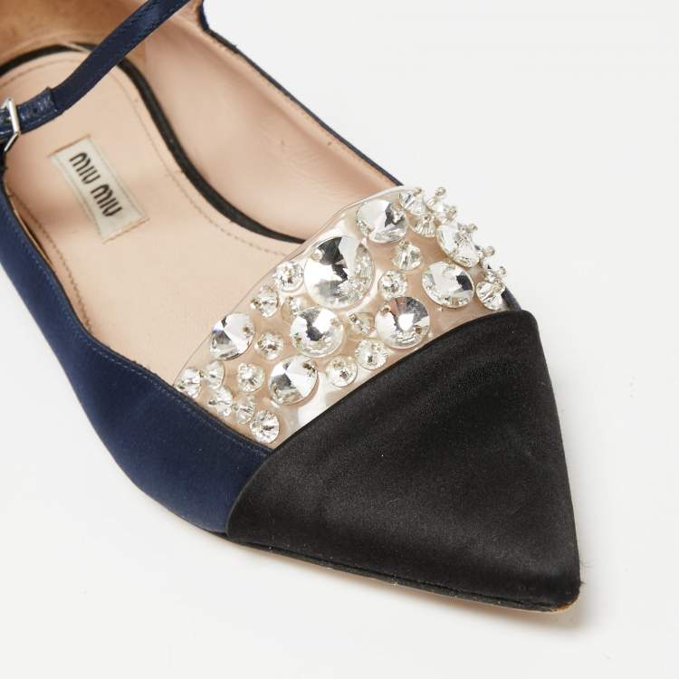 Pre Owned Miu Miu Navy Blue/Black Satin and Jewel Embellished PVC Mary Jane Ballet Flats Size 36
