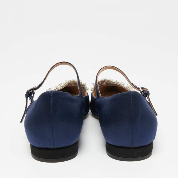 Pre Owned Miu Miu Navy Blue/Black Satin and Jewel Embellished PVC Mary Jane Ballet Flats Size 36