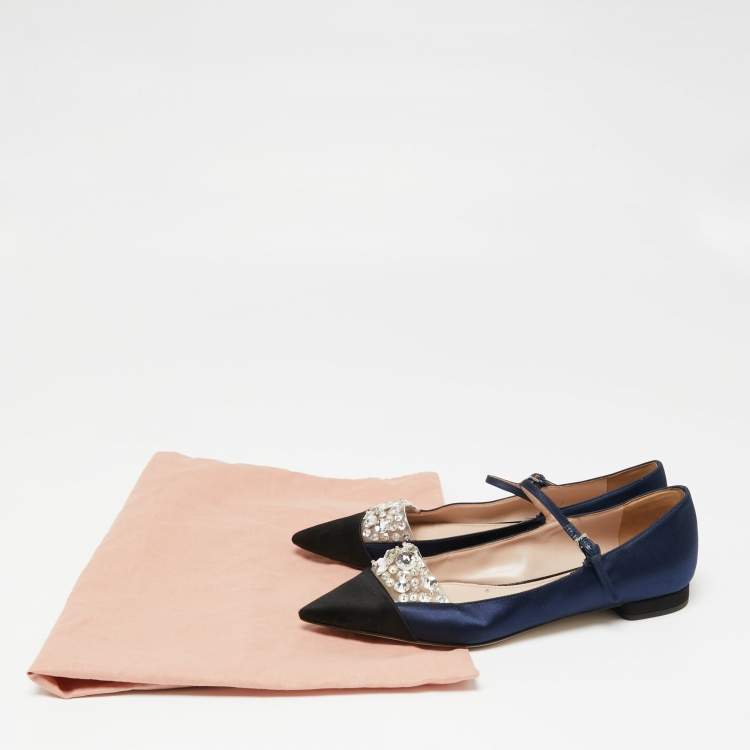 Pre Owned Miu Miu Navy Blue/Black Satin and Jewel Embellished PVC Mary Jane Ballet Flats Size 36