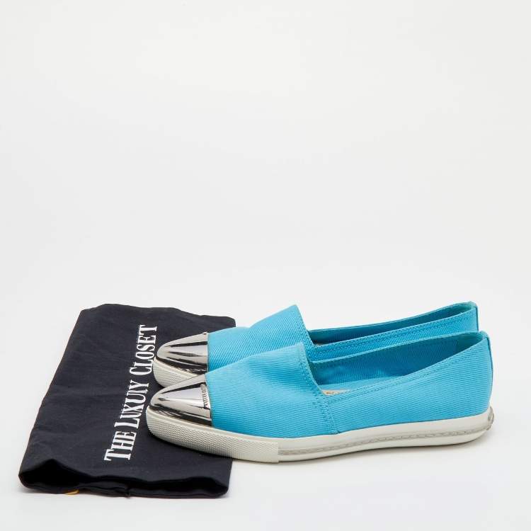 Pre Owned Miu Miu Blue Canvas Metal Cap Toe Slip On Sneakers Size 37.5