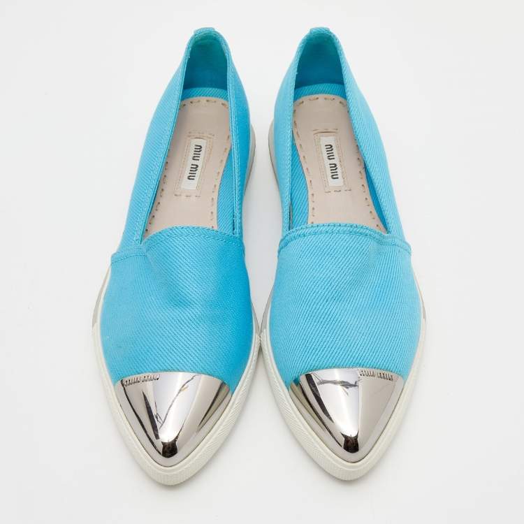 Pre Owned Miu Miu Blue Canvas Metal Cap Toe Slip On Sneakers Size 37.5