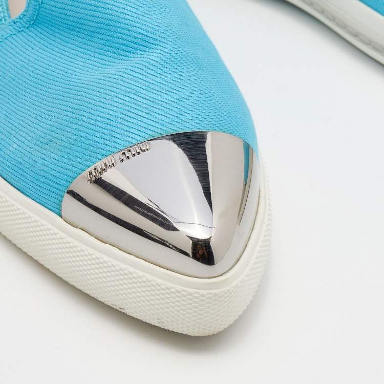Pre Owned Miu Miu Blue Canvas Metal Cap Toe Slip On Sneakers Size 37.5