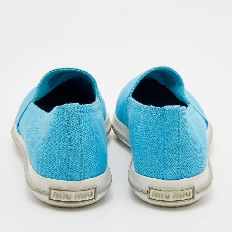 Pre Owned Miu Miu Blue Canvas Metal Cap Toe Slip On Sneakers Size 37.5