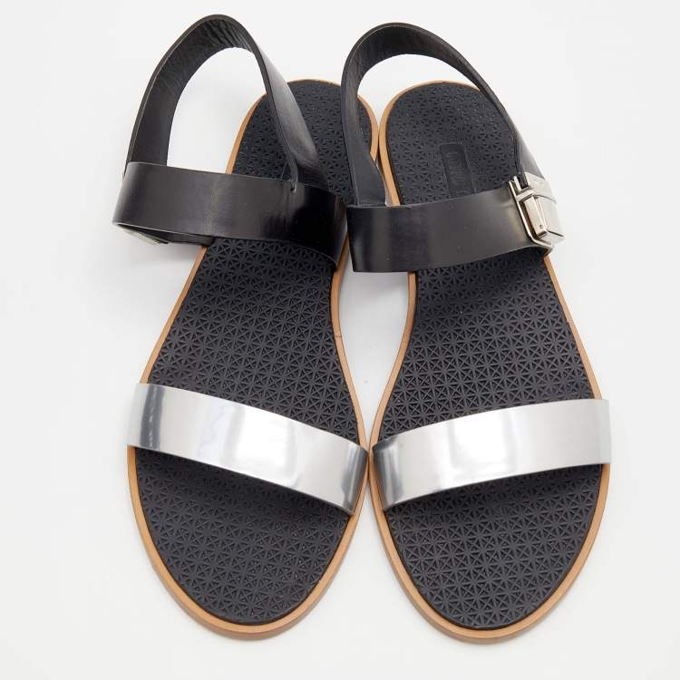 Pre Owned Miu Miu Black/Silver Leather Slingback Flat Sandals Size 39
