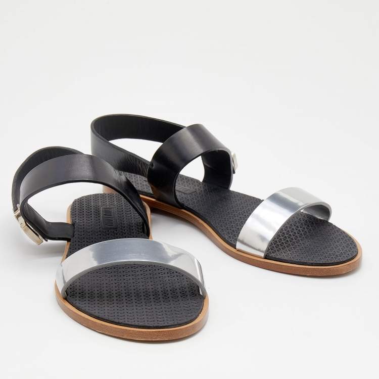 Pre Owned Miu Miu Black/Silver Leather Slingback Flat Sandals Size 39