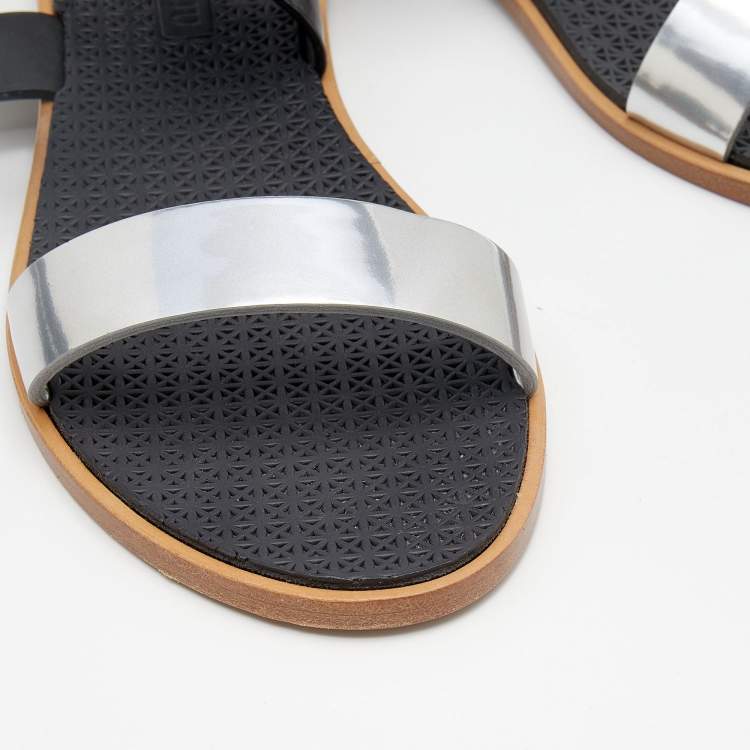 Pre Owned Miu Miu Black/Silver Leather Slingback Flat Sandals Size 39