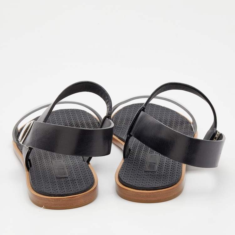 Pre Owned Miu Miu Black/Silver Leather Slingback Flat Sandals Size 39