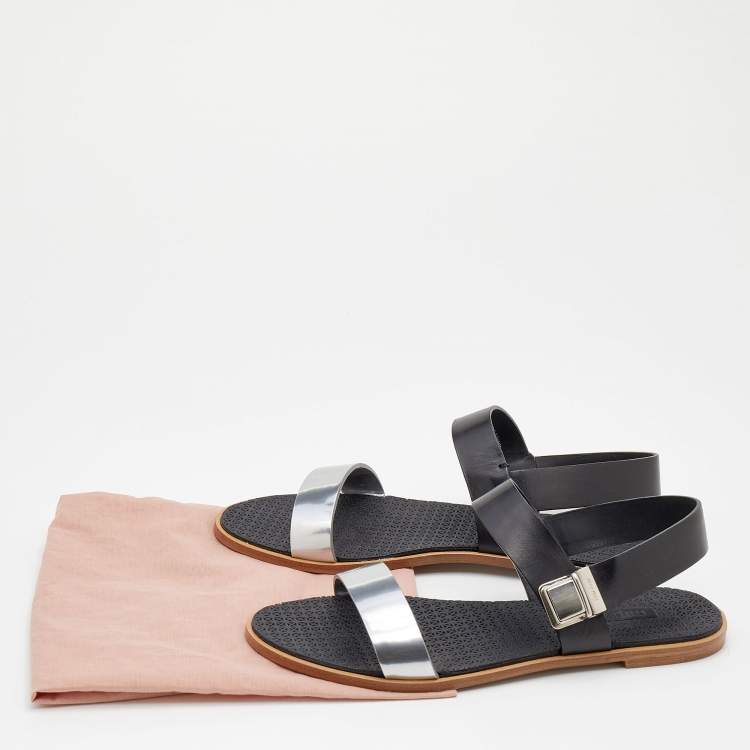 Pre Owned Miu Miu Black/Silver Leather Slingback Flat Sandals Size 39