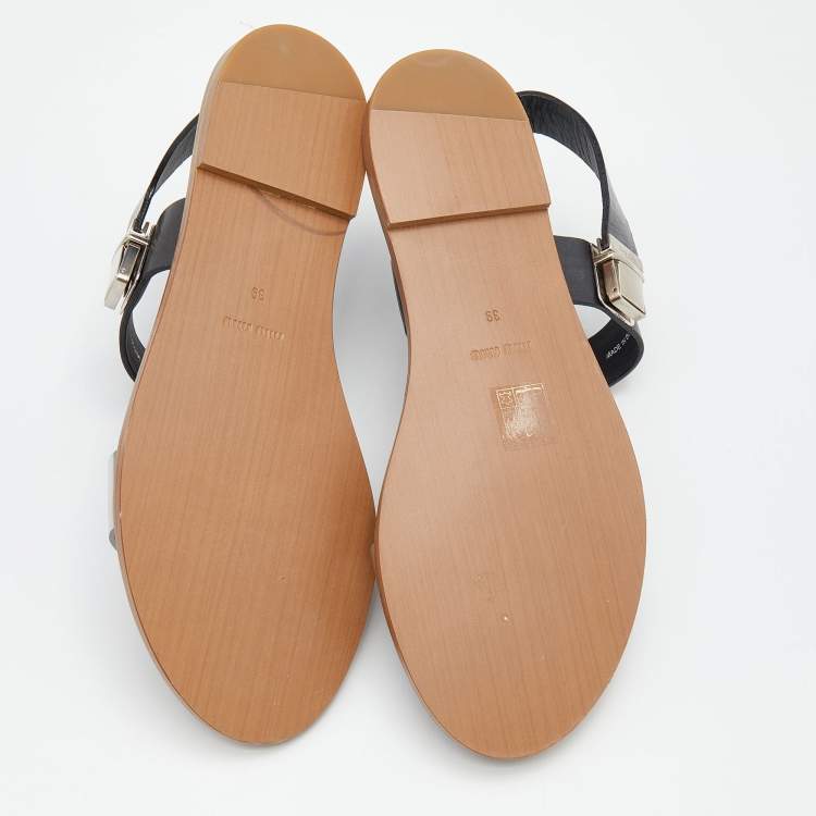 Pre Owned Miu Miu Black/Silver Leather Slingback Flat Sandals Size 39
