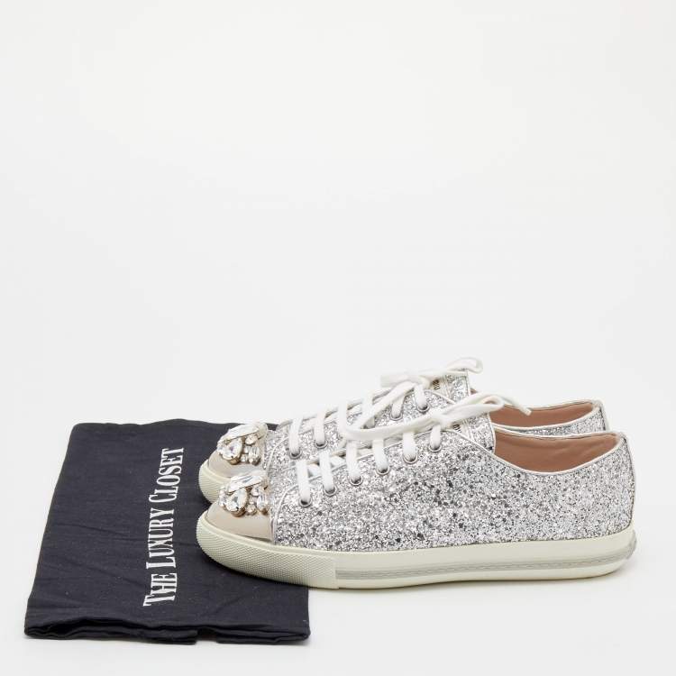 Pre Owned Miu Miu Silver Glitter Crystal Embellished Lace Up Sneakers Size 39.5