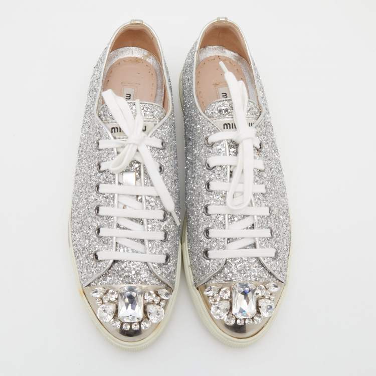 Pre Owned Miu Miu Silver Glitter Crystal Embellished Lace Up Sneakers Size 39.5