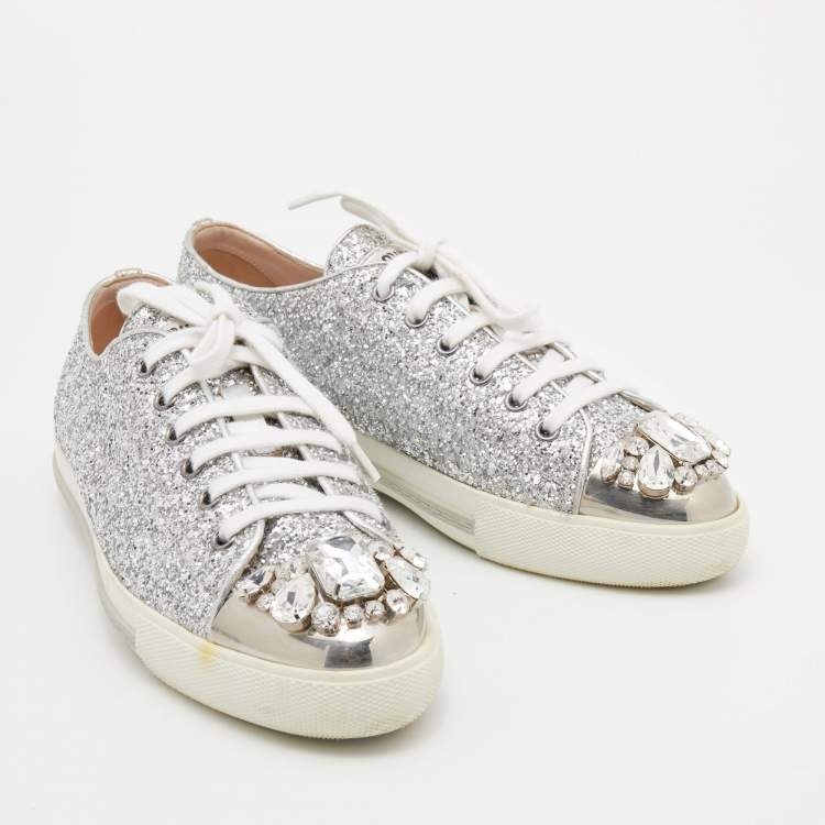 Pre Owned Miu Miu Silver Glitter Crystal Embellished Lace Up Sneakers Size 39.5