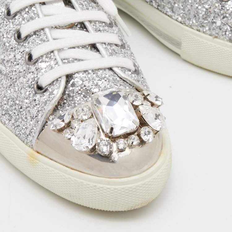 Pre Owned Miu Miu Silver Glitter Crystal Embellished Lace Up Sneakers Size 39.5