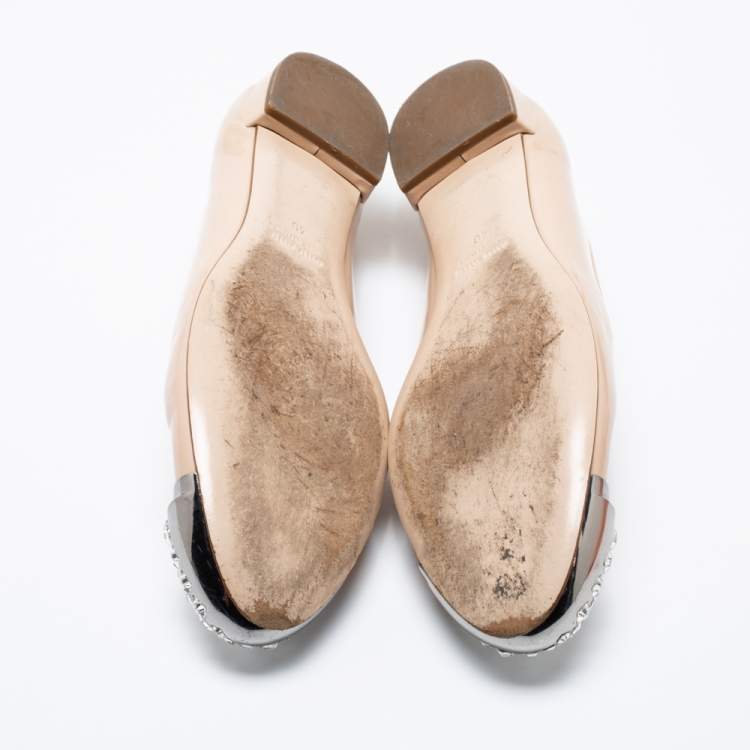 Pre Owned Miu Miu Beige Patent Leather Crystal Embellished Cap Toe Smoking Slippers Size 40