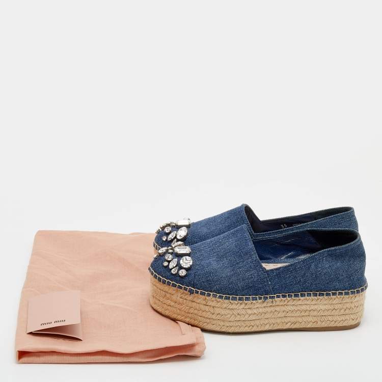 Pre Owned Miu Miu Blue Denim Crystal Embellished Cap Toe Platform Espadrilles Size 35