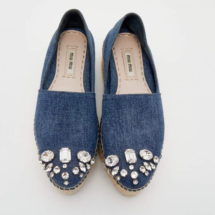 Pre Owned Miu Miu Blue Denim Crystal Embellished Cap Toe Platform Espadrilles Size 35