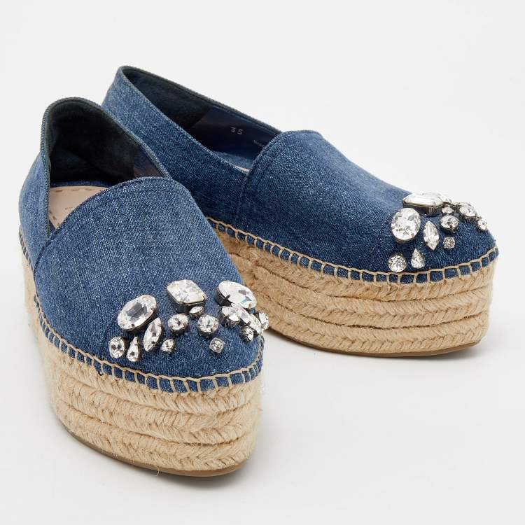Pre Owned Miu Miu Blue Denim Crystal Embellished Cap Toe Platform Espadrilles Size 35
