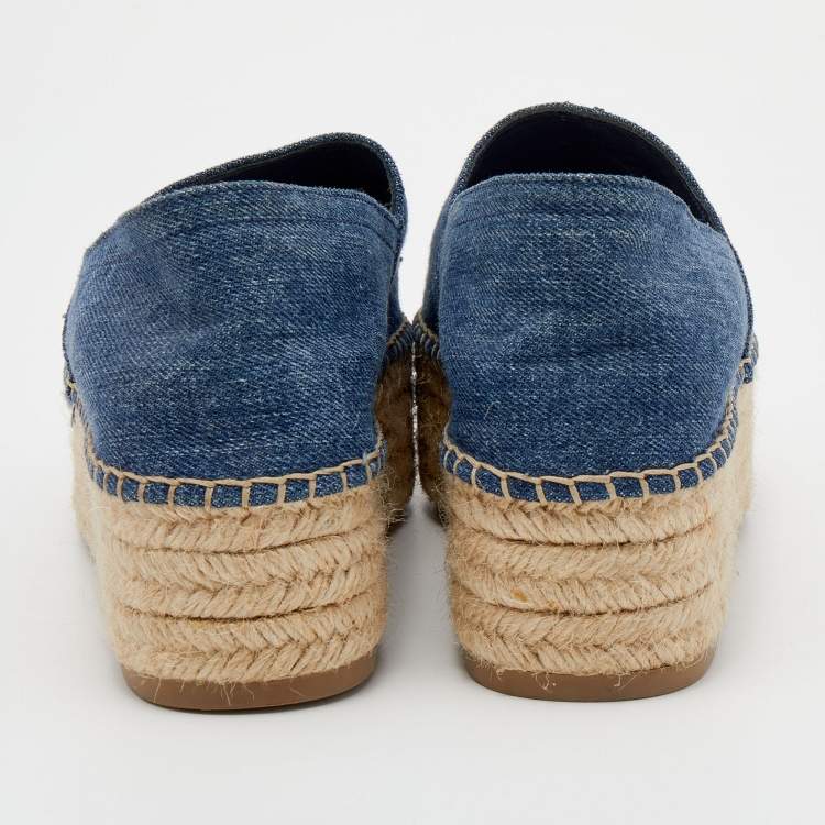Pre Owned Miu Miu Blue Denim Crystal Embellished Cap Toe Platform Espadrilles Size 35