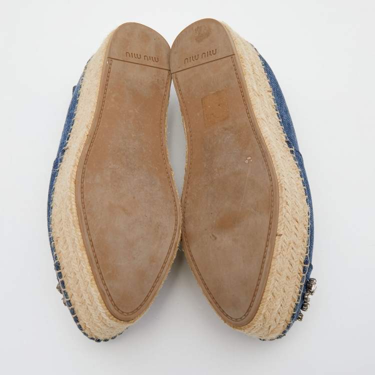 Pre Owned Miu Miu Blue Denim Crystal Embellished Cap Toe Platform Espadrilles Size 35