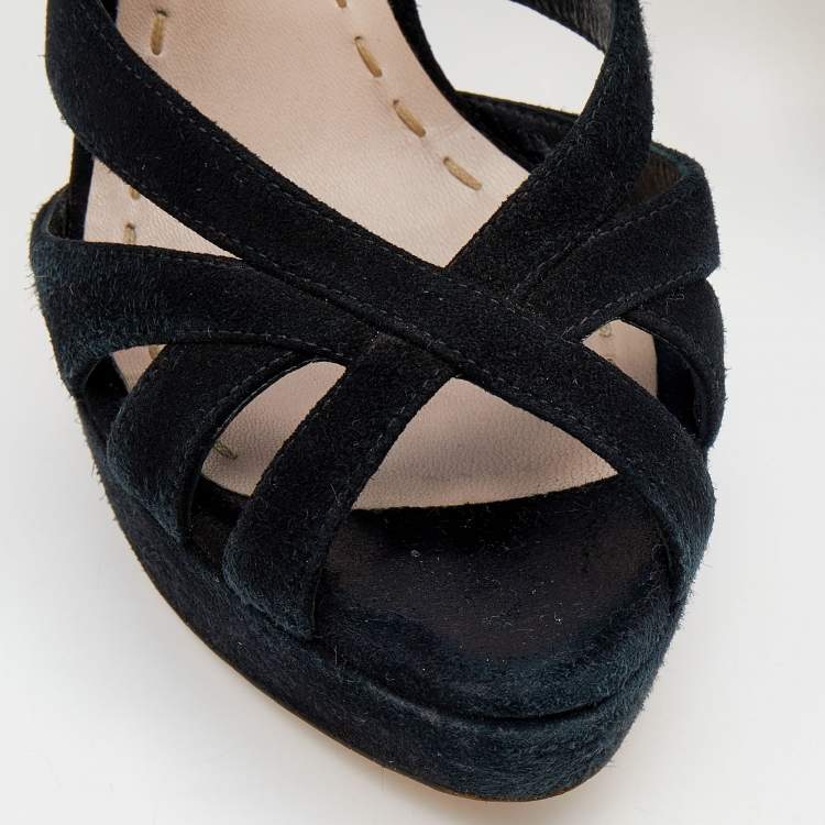 Pre Owned Miu Miu Black Suede Caged Slingback Platform Sandals Size 38.5