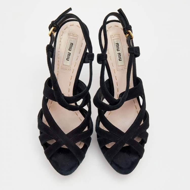 Pre Owned Miu Miu Black Suede Caged Slingback Platform Sandals Size 38.5