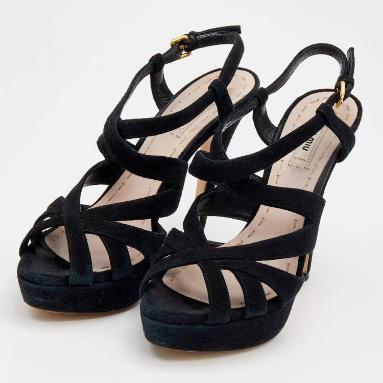 Pre Owned Miu Miu Black Suede Caged Slingback Platform Sandals Size 38.5